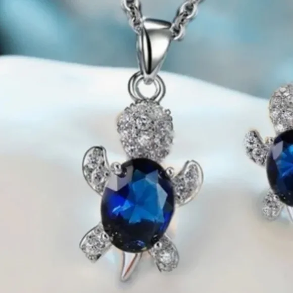 Blue Sterling Silver Turtle Necklace Set - Picture 2 of 3